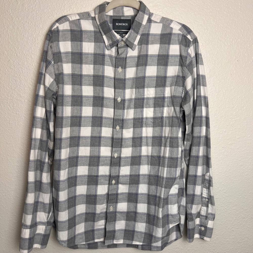 Bonobos Mens Long Sleeve Flannel Button Up Shirt‎ Gray White Plaid Cotton Casual